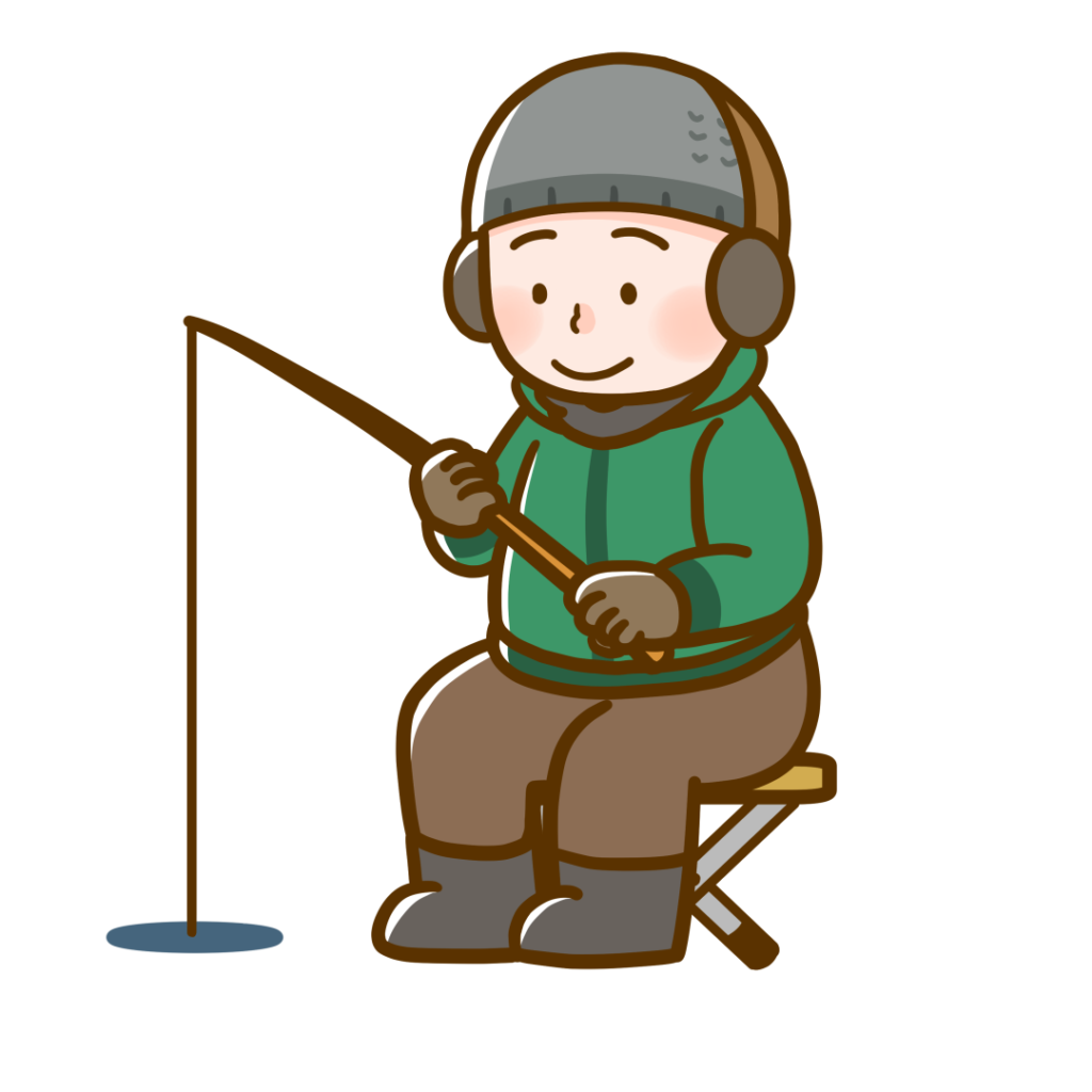 ワカサギ釣りをする大人　背景なし